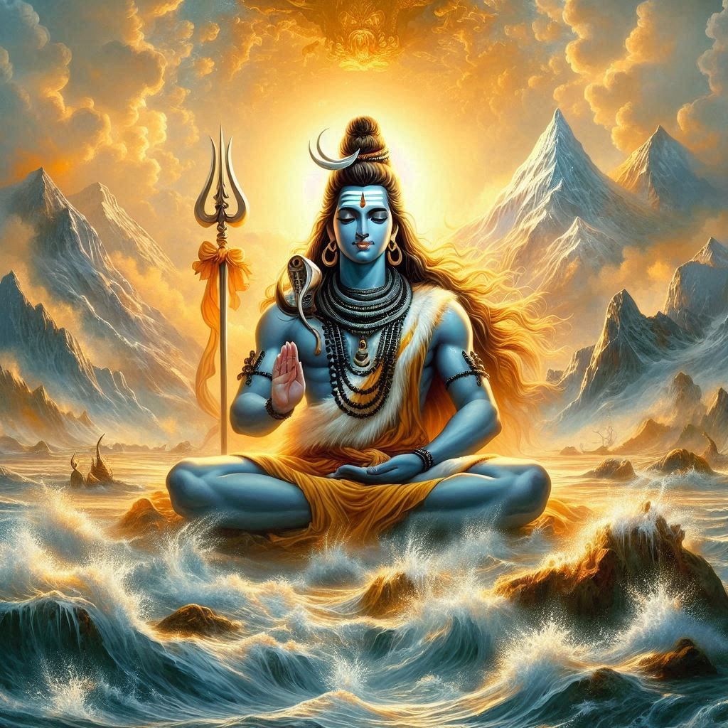 Meditating Shiva amidst mountains and water