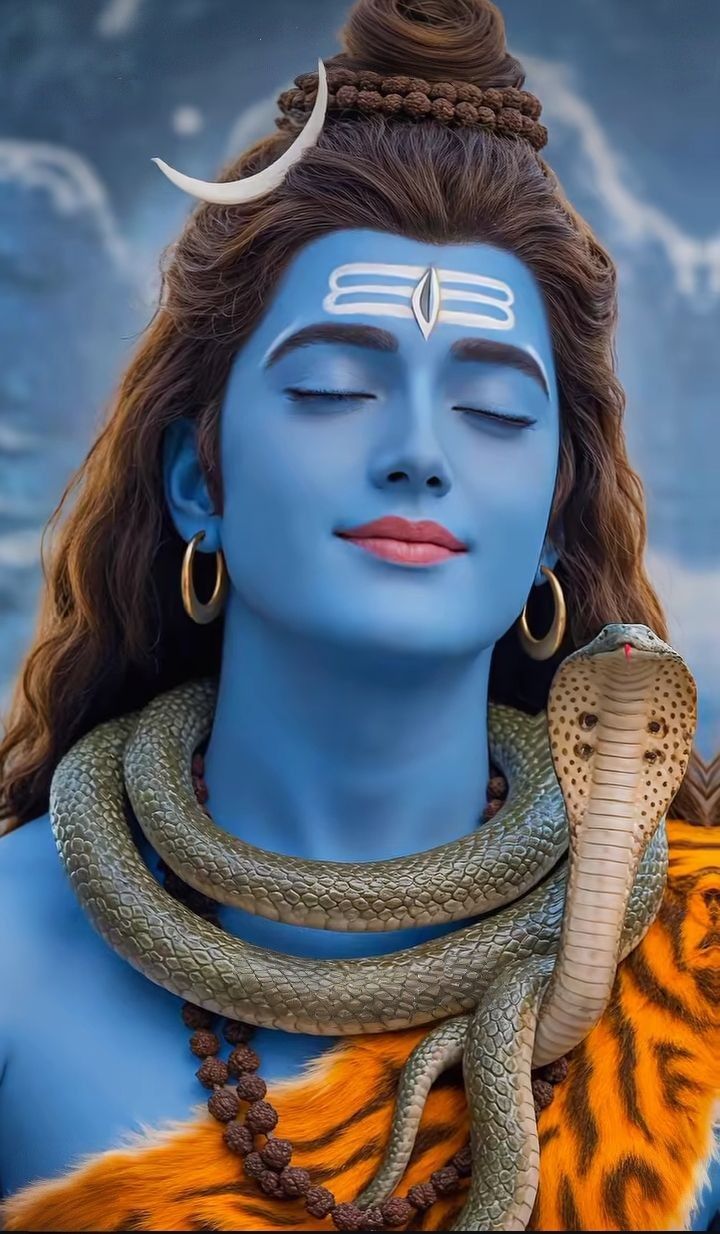Blue-skinned Shiva with serpent and moon