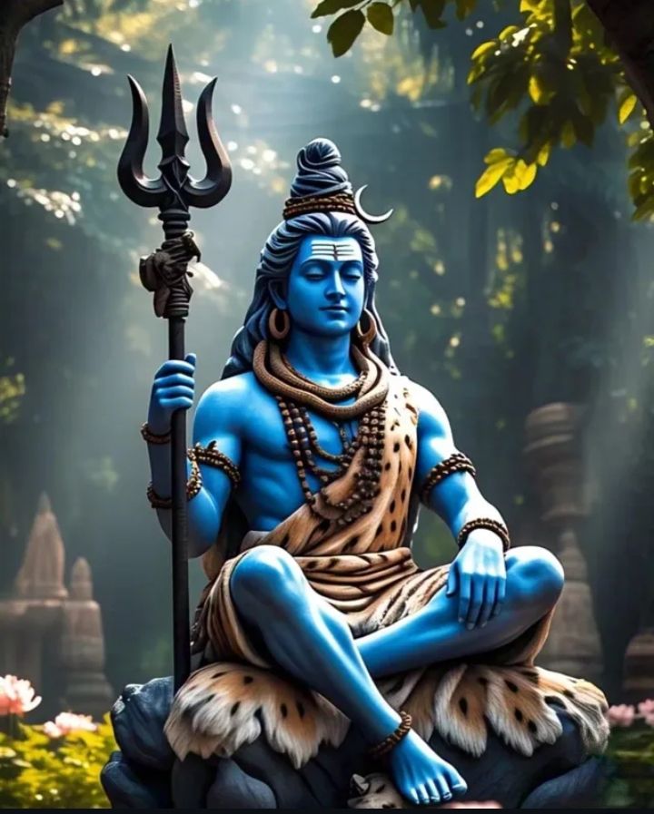 Blue-skinned Shiva meditating in mountains