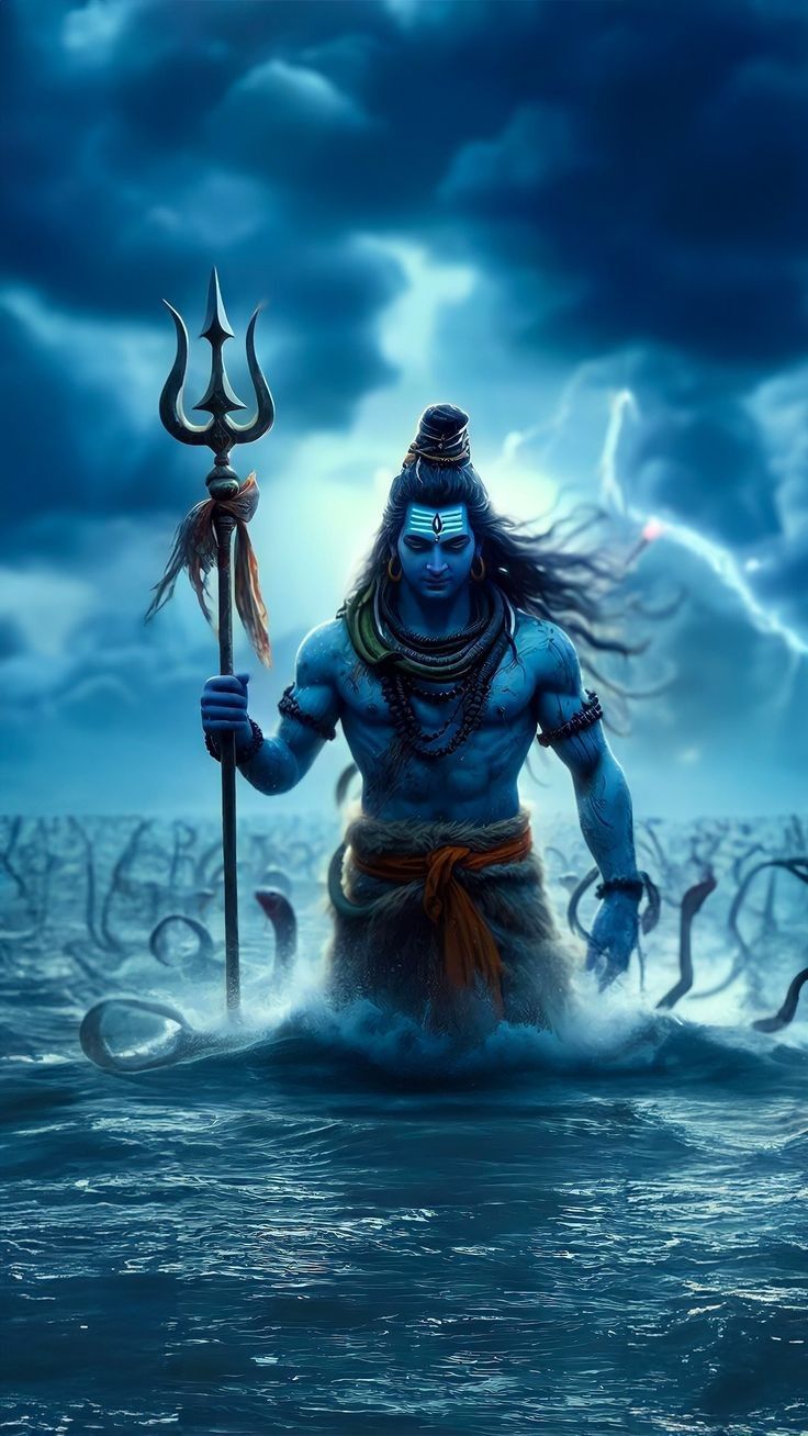 Powerful Shiva rises from stormy ocean.