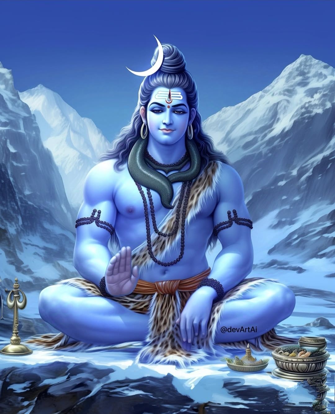 Meditating Shiva with crescent moon