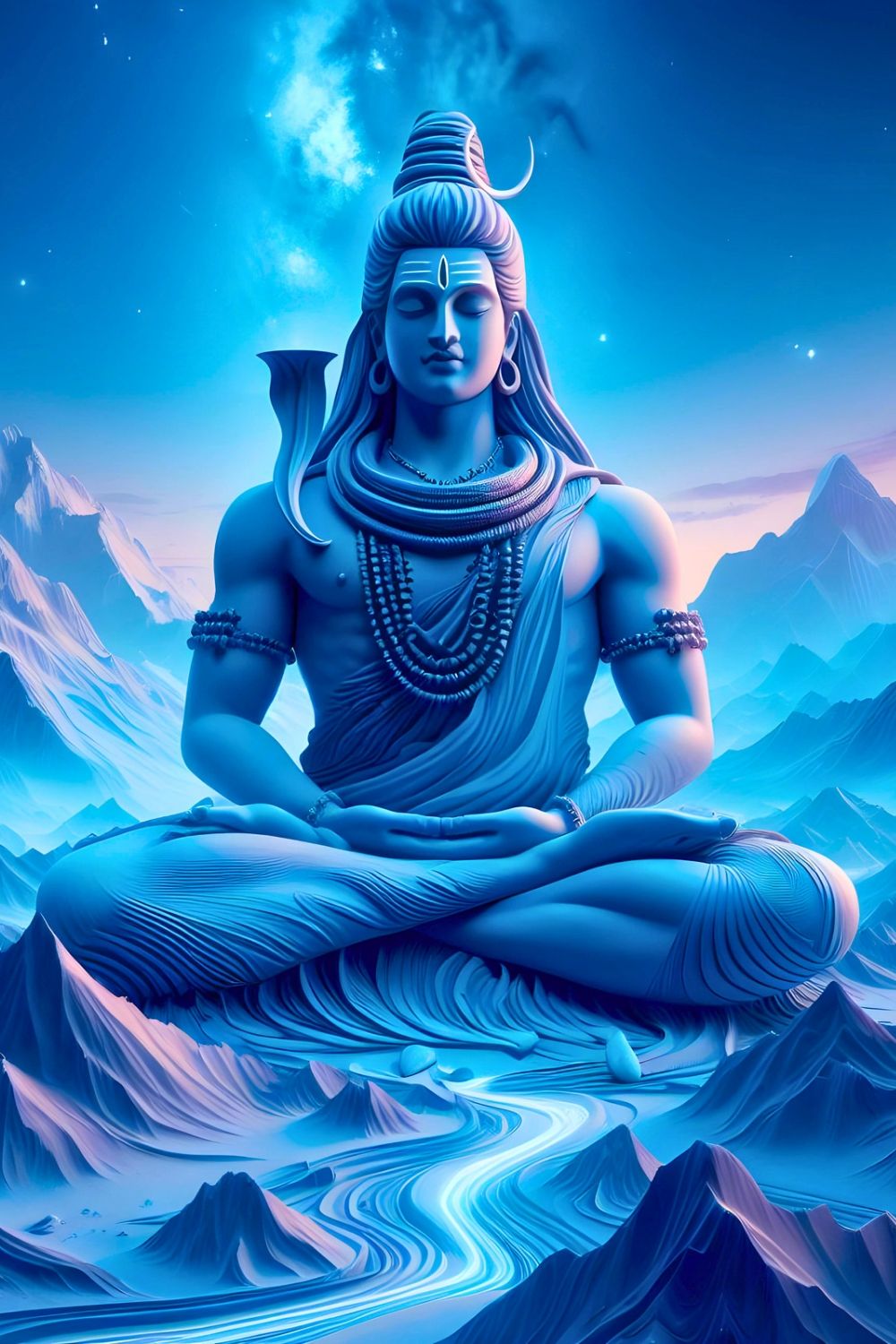 Meditating Shiva amongst mountain peaks