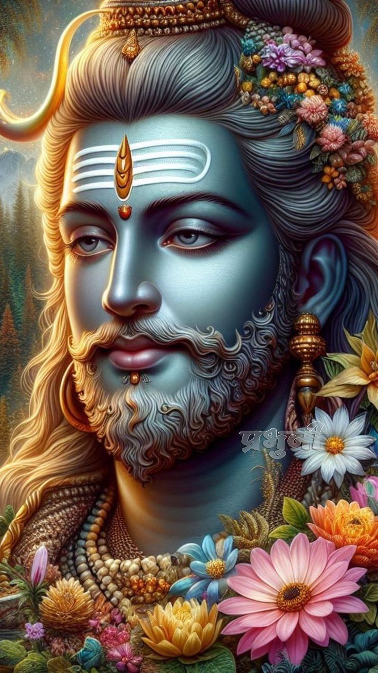 Blue-skinned Shiva amidst floral backdrop.