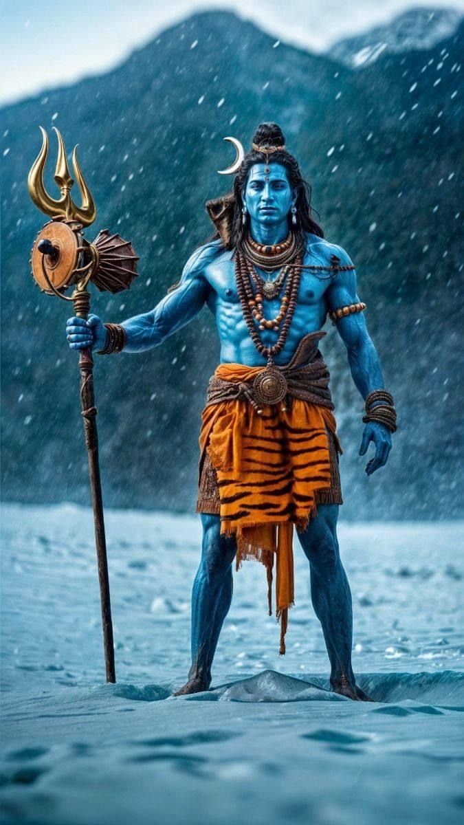 Blue-skinned Shiva stands in snowy mountains