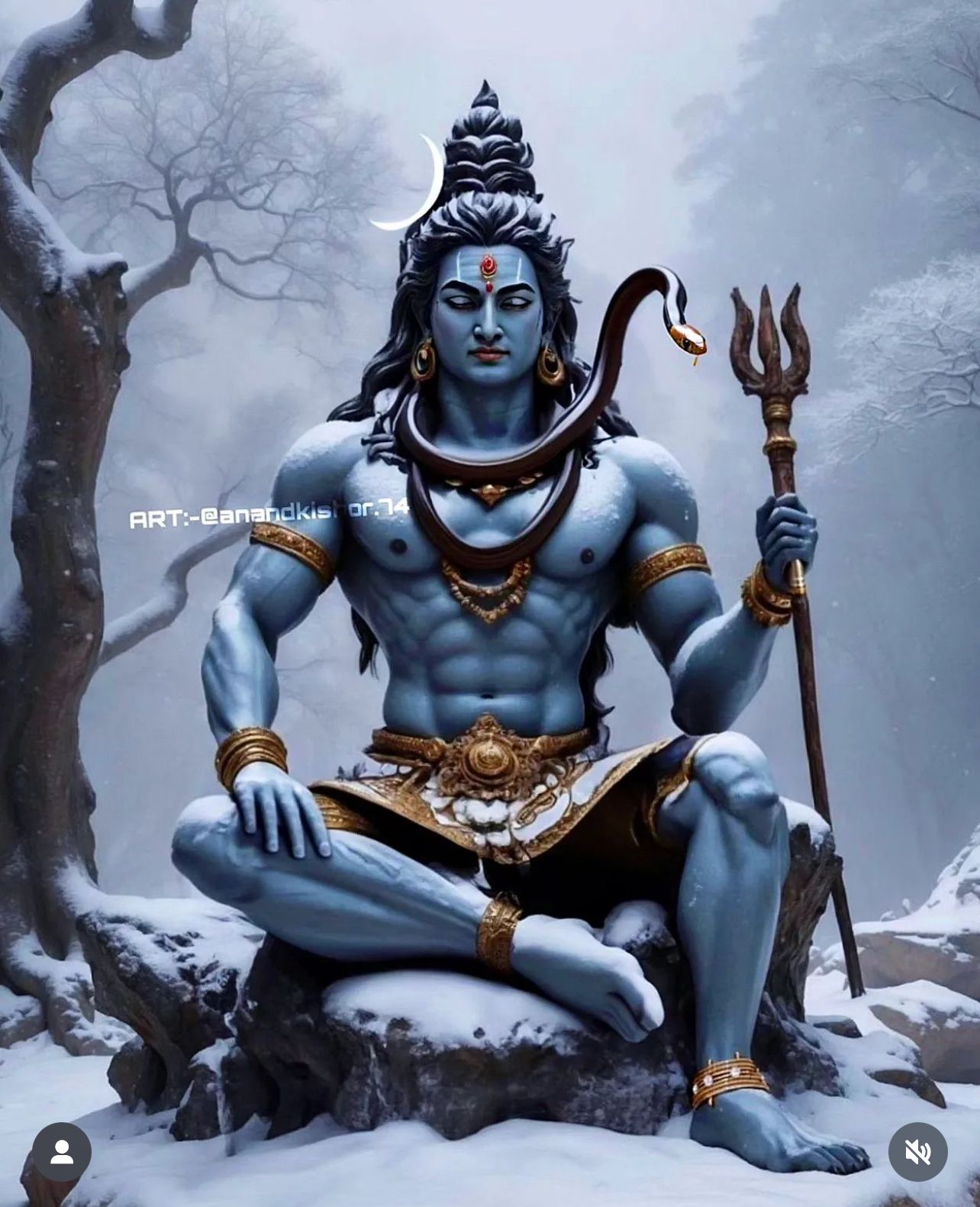 Blue-skinned Shiva meditating on a mountain
