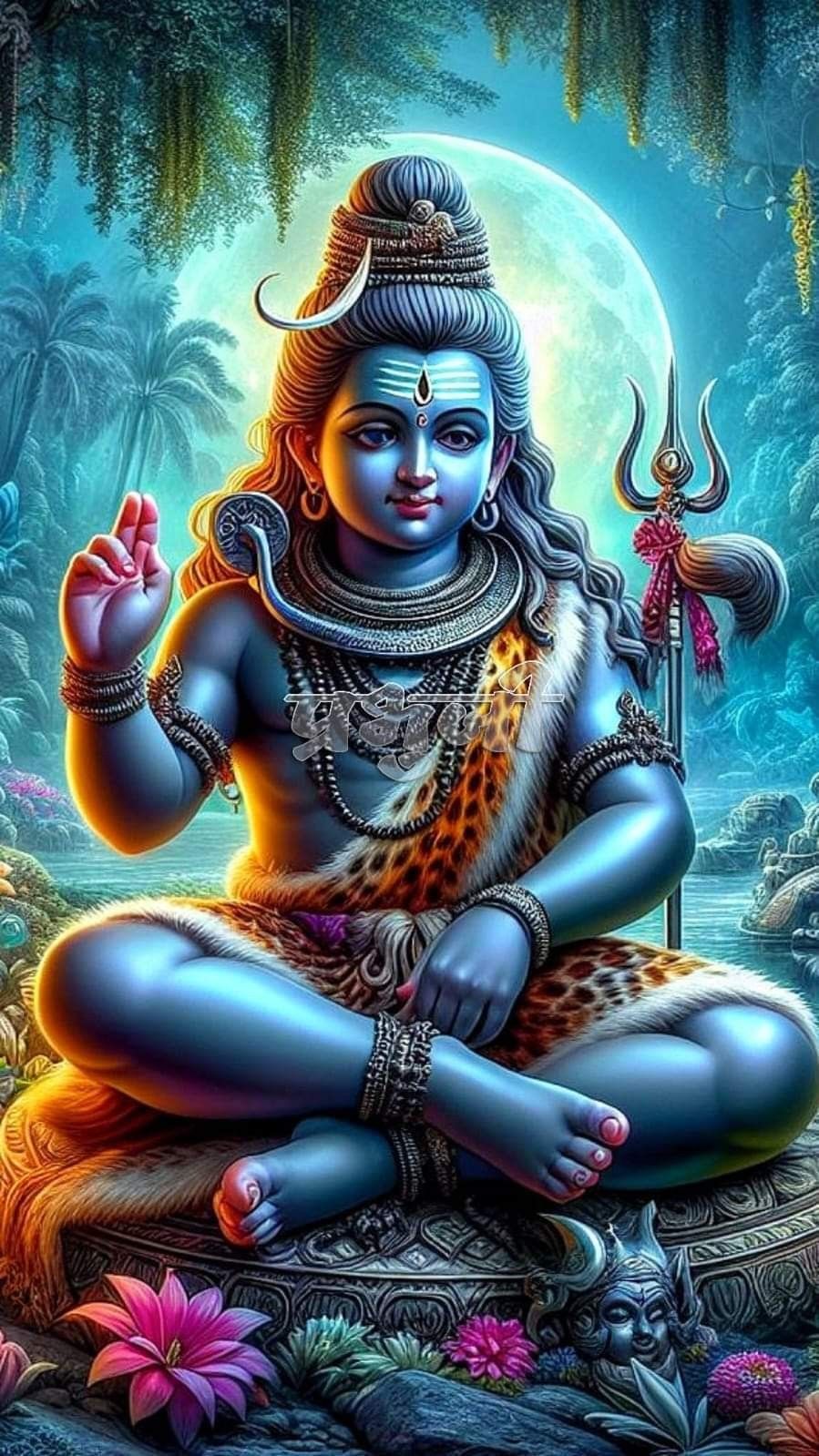 Meditating Shiva in lush forest scene