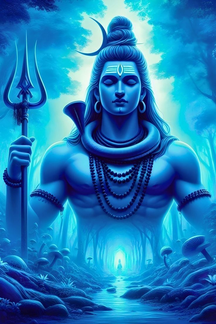 Blue-skinned Shiva meditating in forest