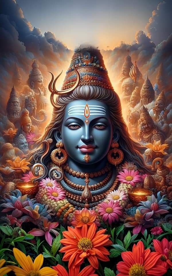 Blue-skinned Shiva surrounded by flowers