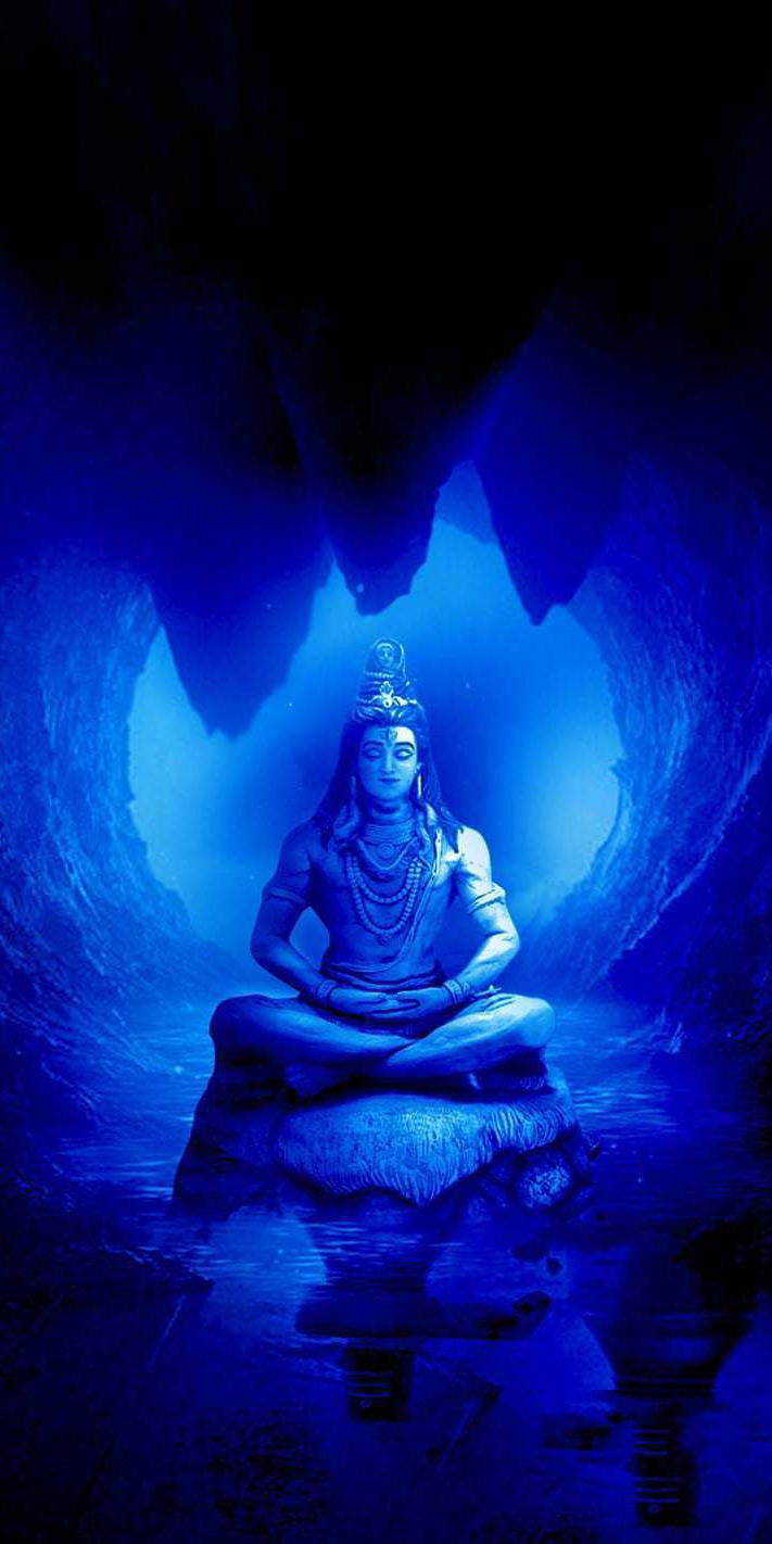 Meditating Shiva in a blue cave