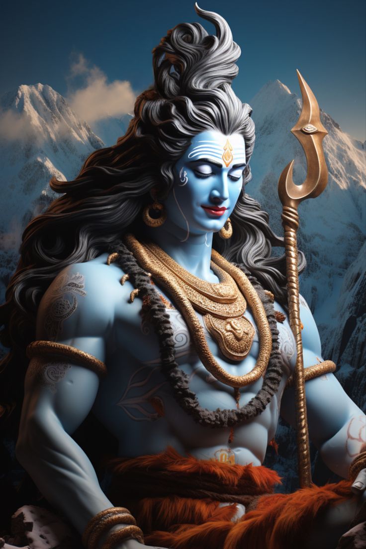 Blue-skinned Shiva with trident and mountains