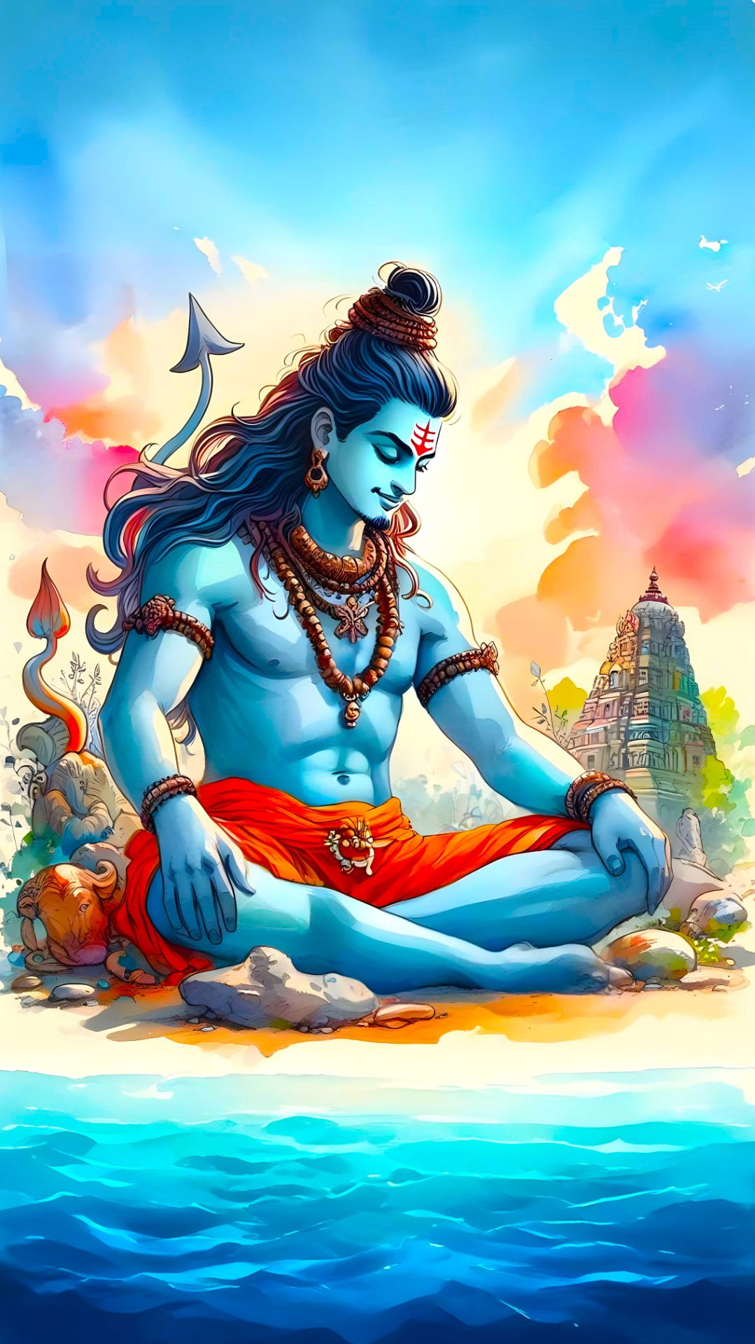 Meditating Shiva amidst mountains and water