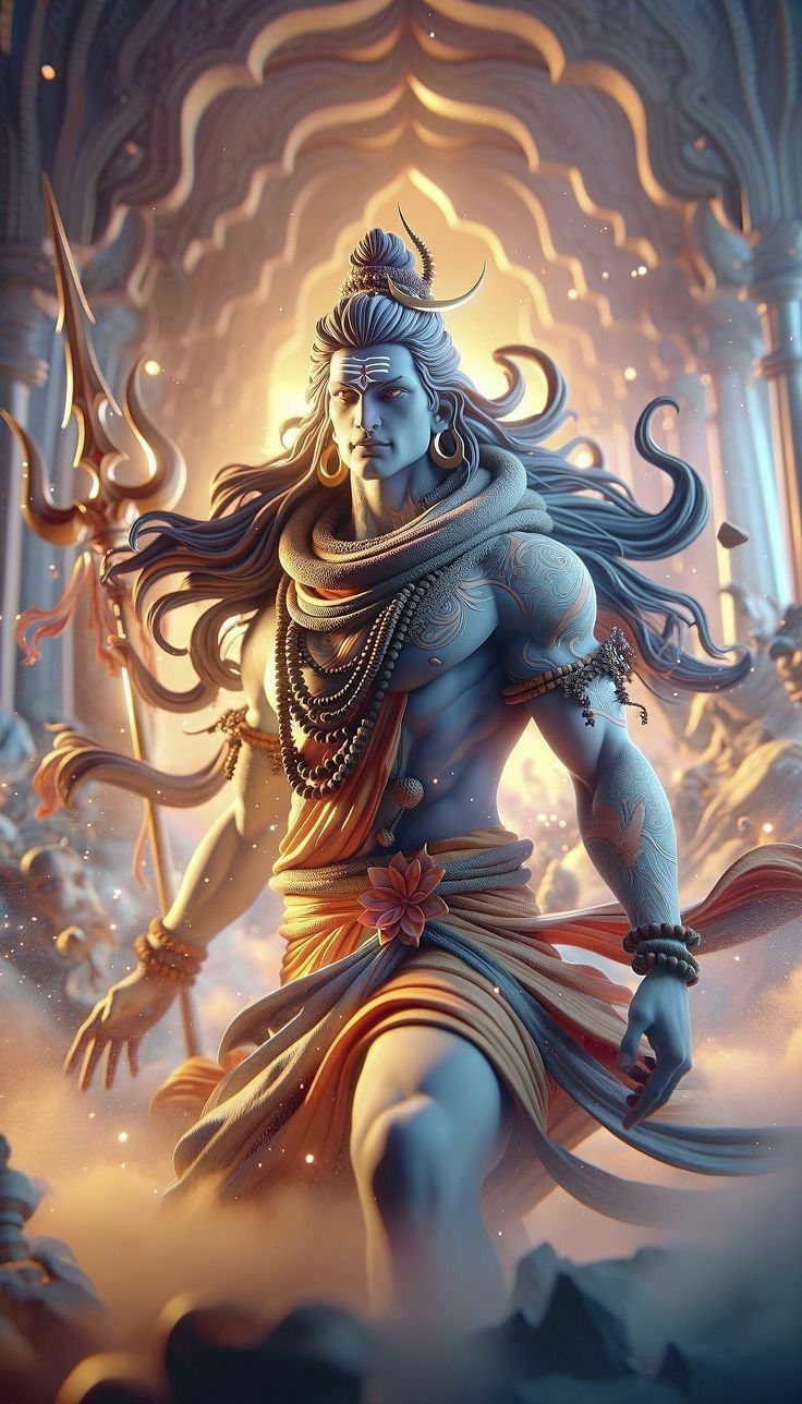 Powerful Shiva emerging from cosmic mists.