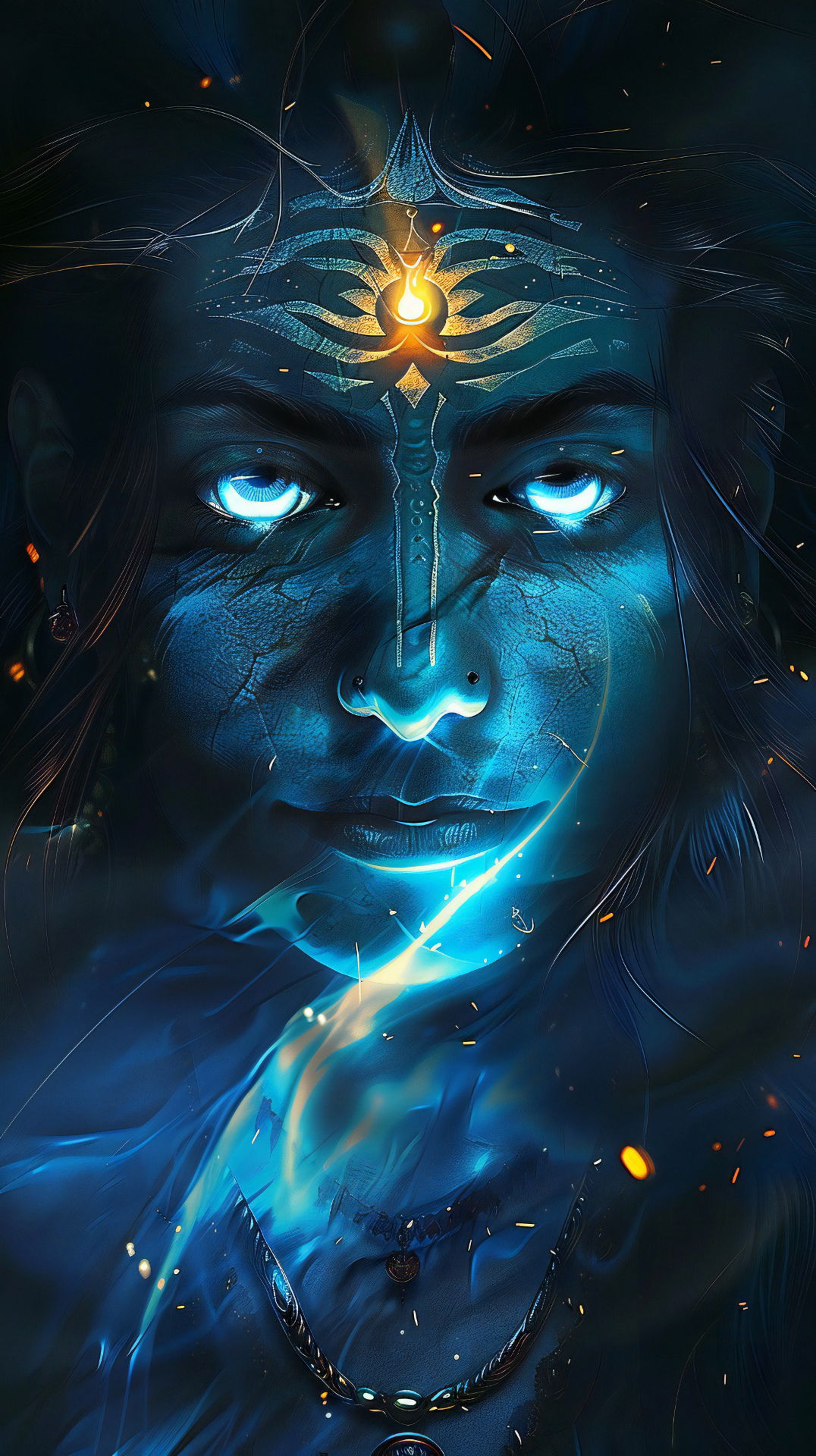 Intense blue Shiva portrait, cosmic energy.