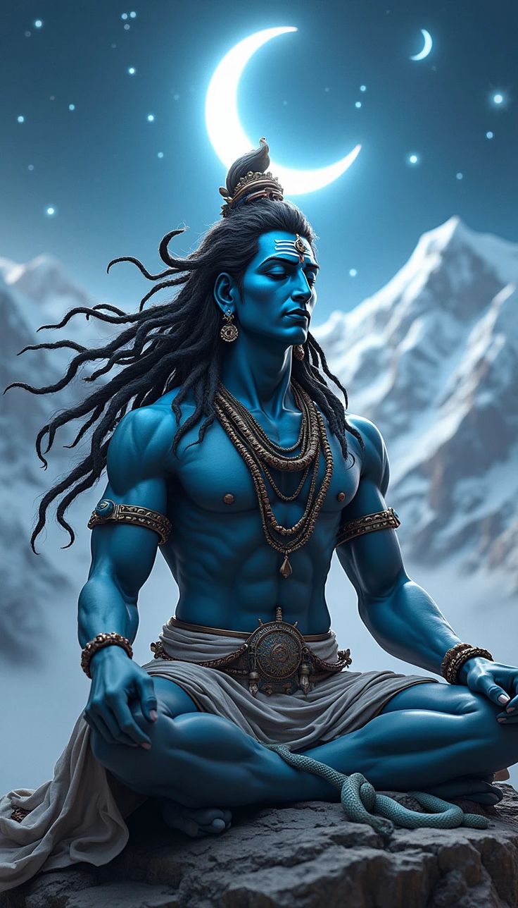 Blue Shiva meditating in Himalayas
