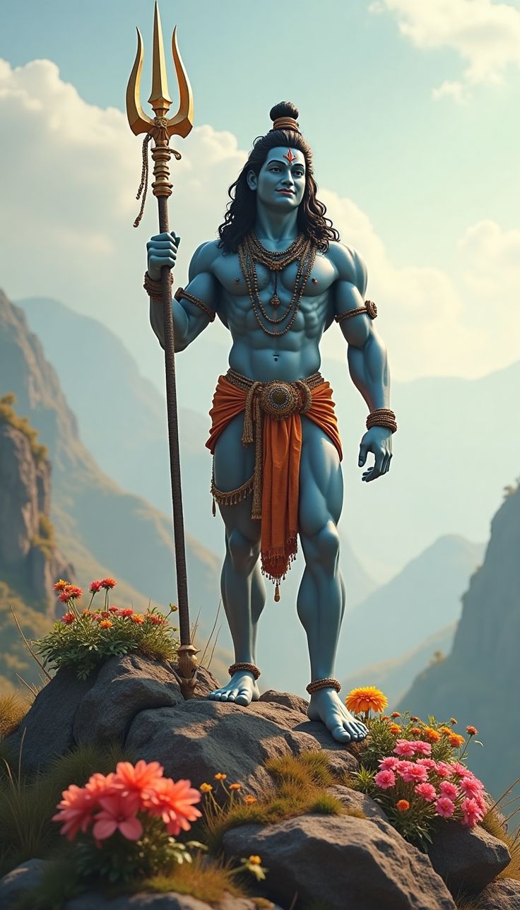 Blue-skinned Shiva standing with Trishul