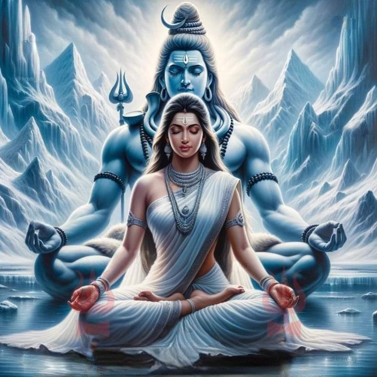 Shiva and Parvati meditating in Himalayas