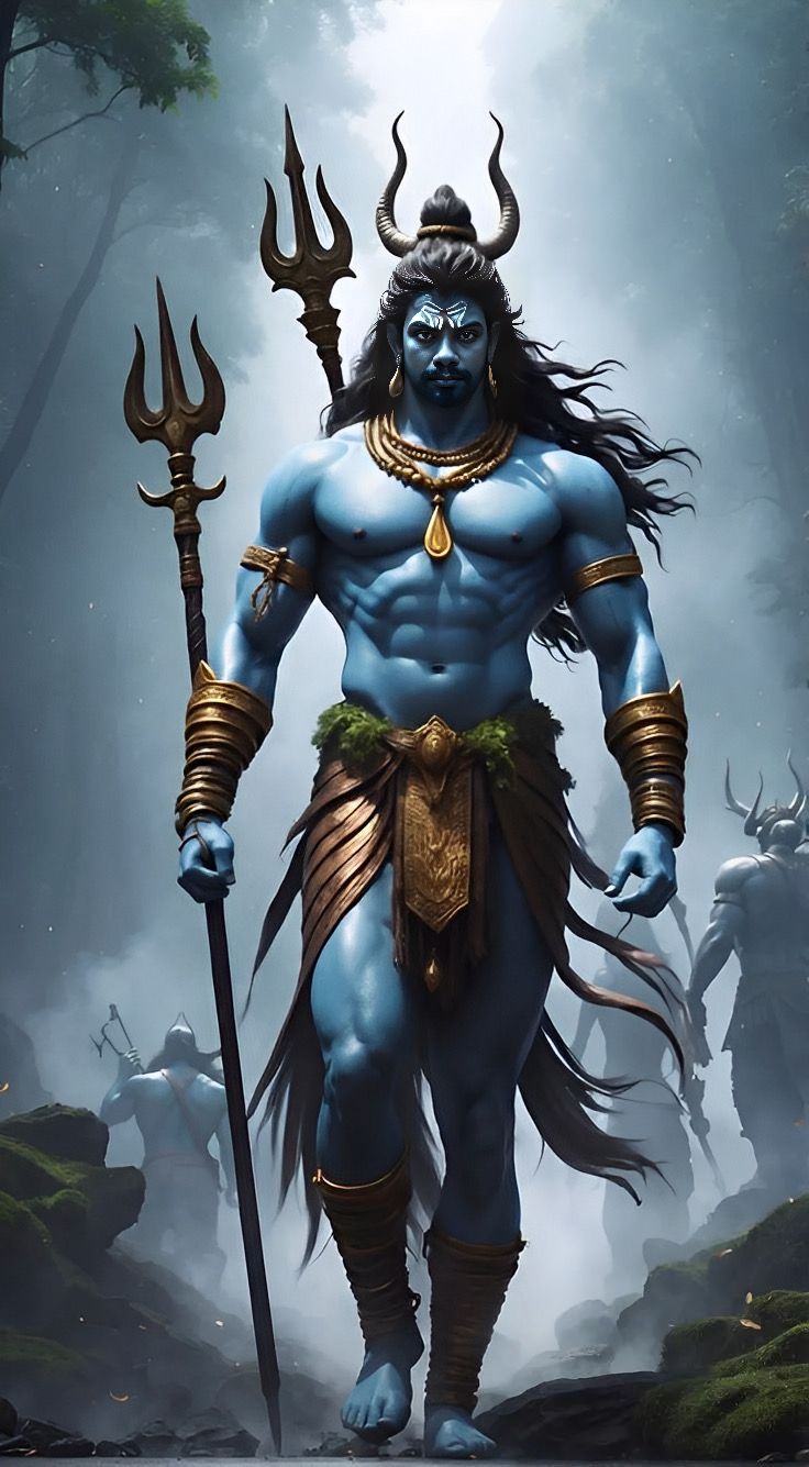 Powerful Shiva standing with trident in forest