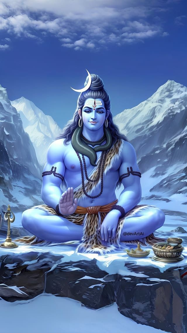 Blue Shiva meditating in Himalayas