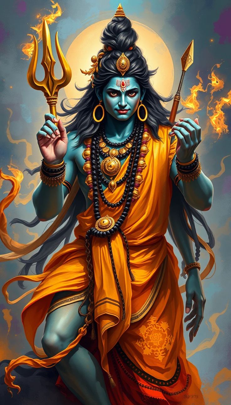 Powerful blue-skinned Shiva holding Trishul.