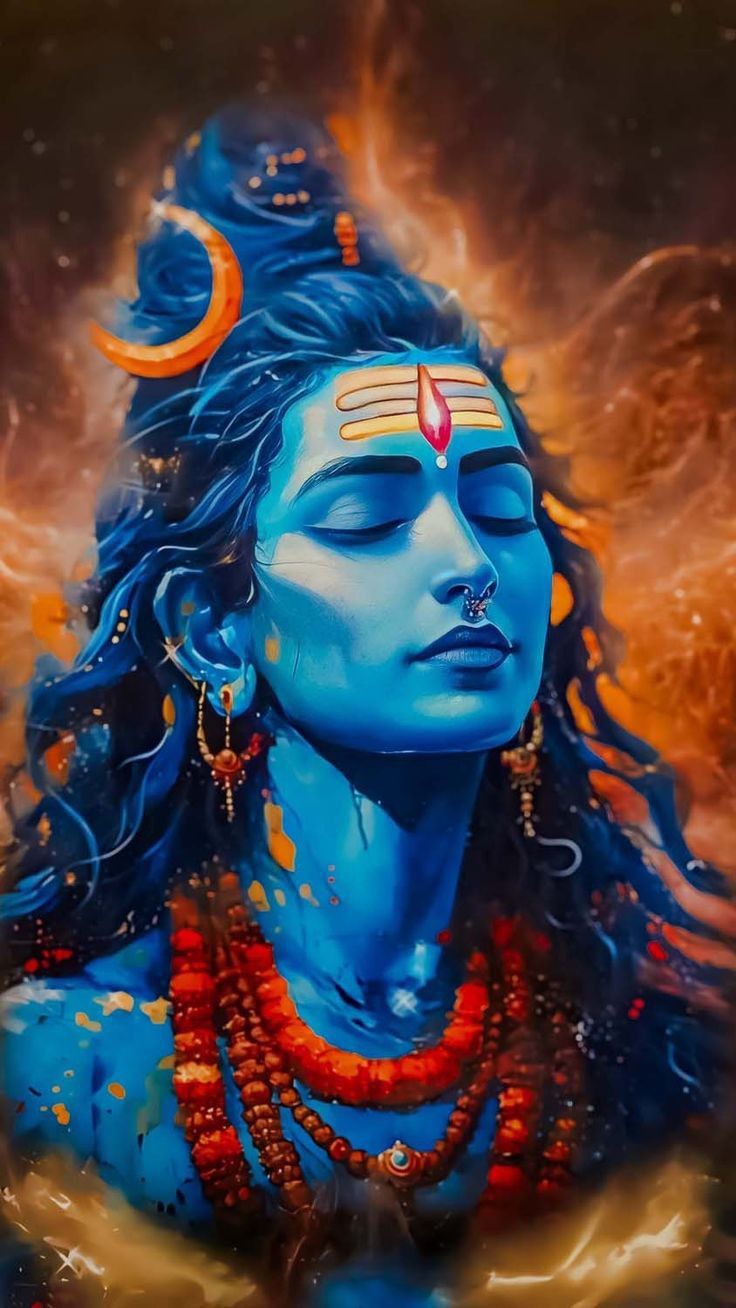 Blue-skinned Shiva with crescent moon