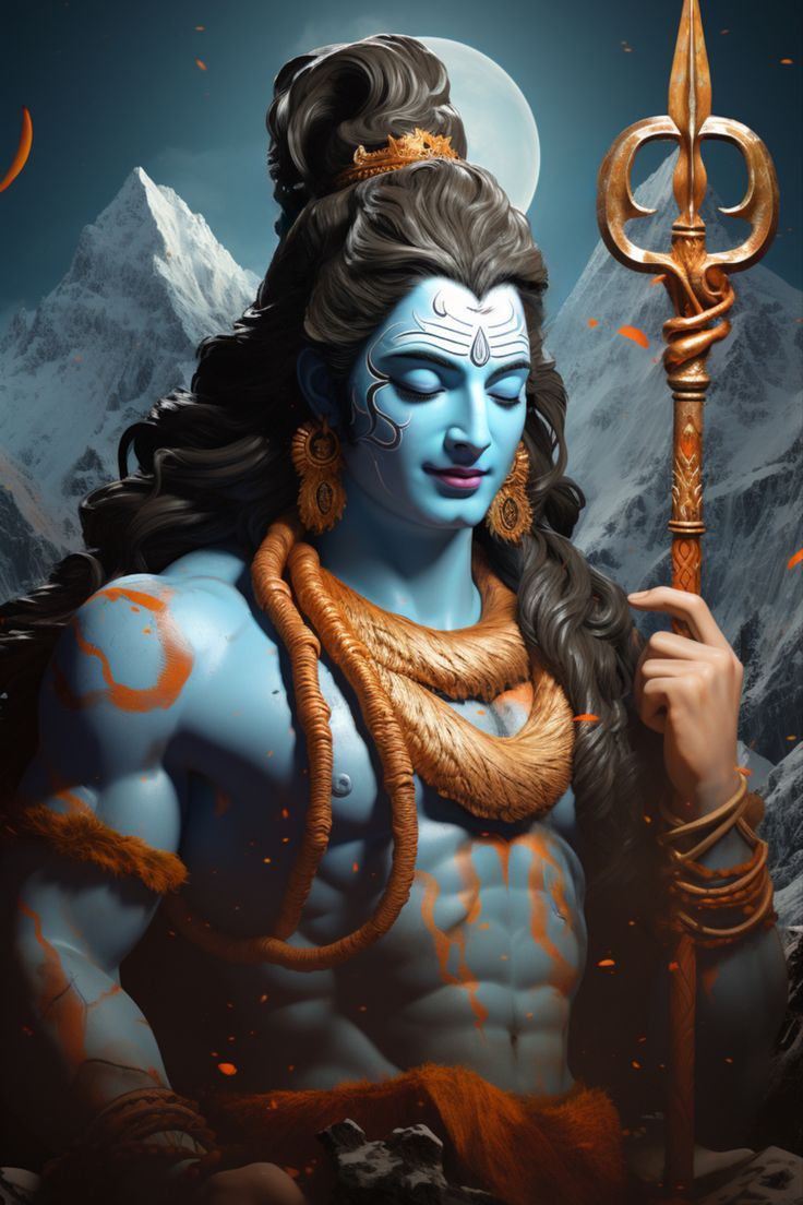Blue-skinned Shiva with Trishul, majestic portrait.