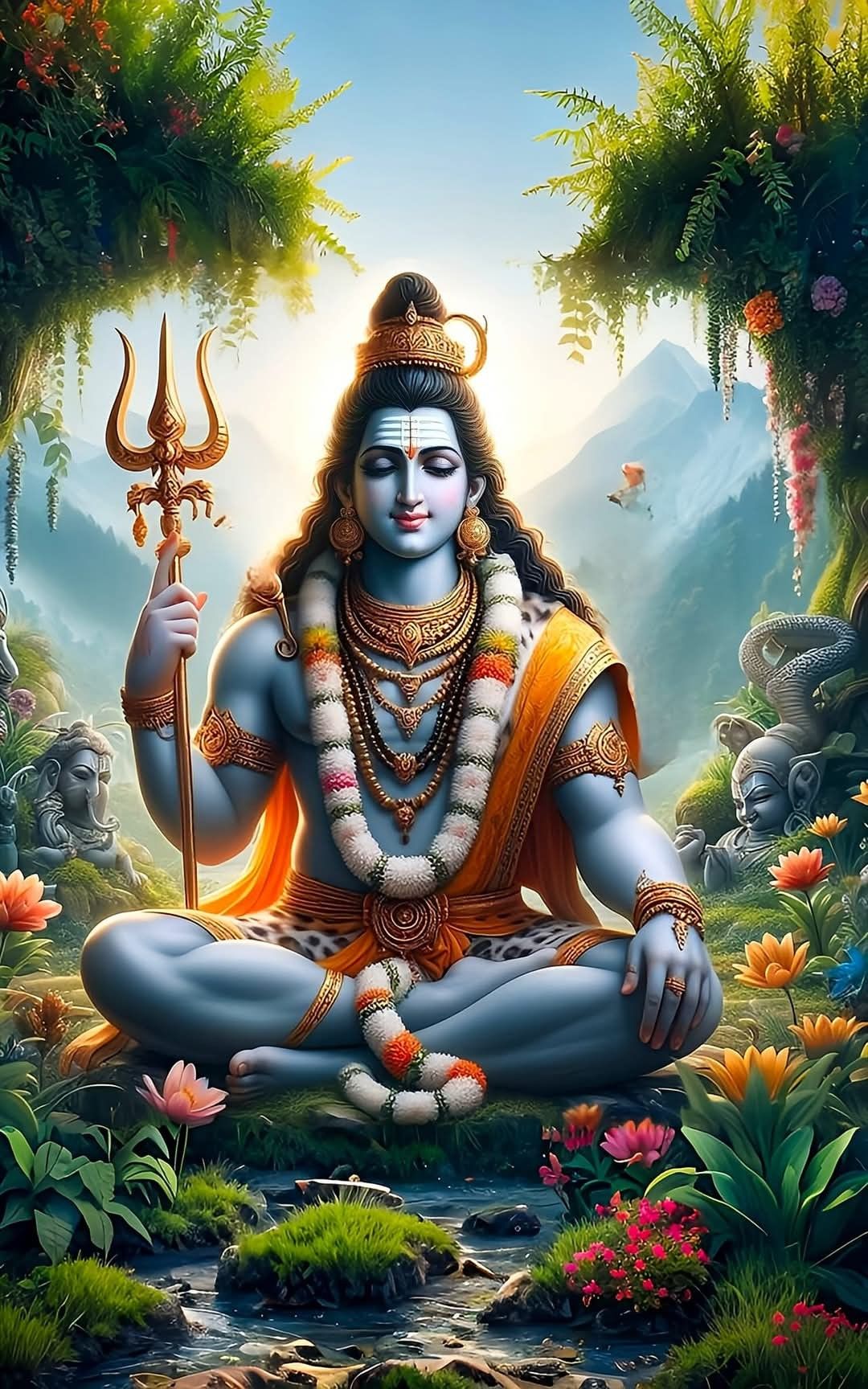 Meditating Shiva in a lush forest