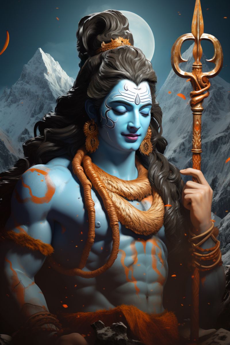Blue-skinned Shiva with Trishul in mountains