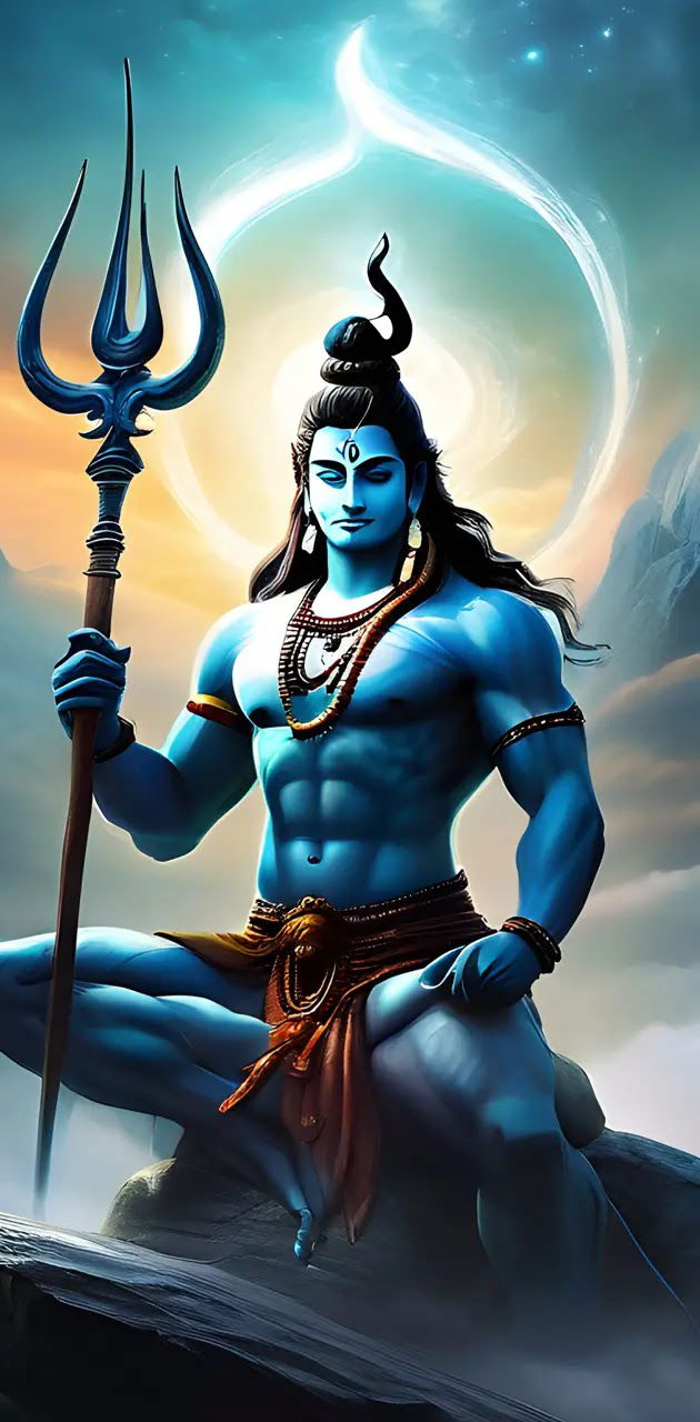 Powerful Shiva meditating on mountain peak