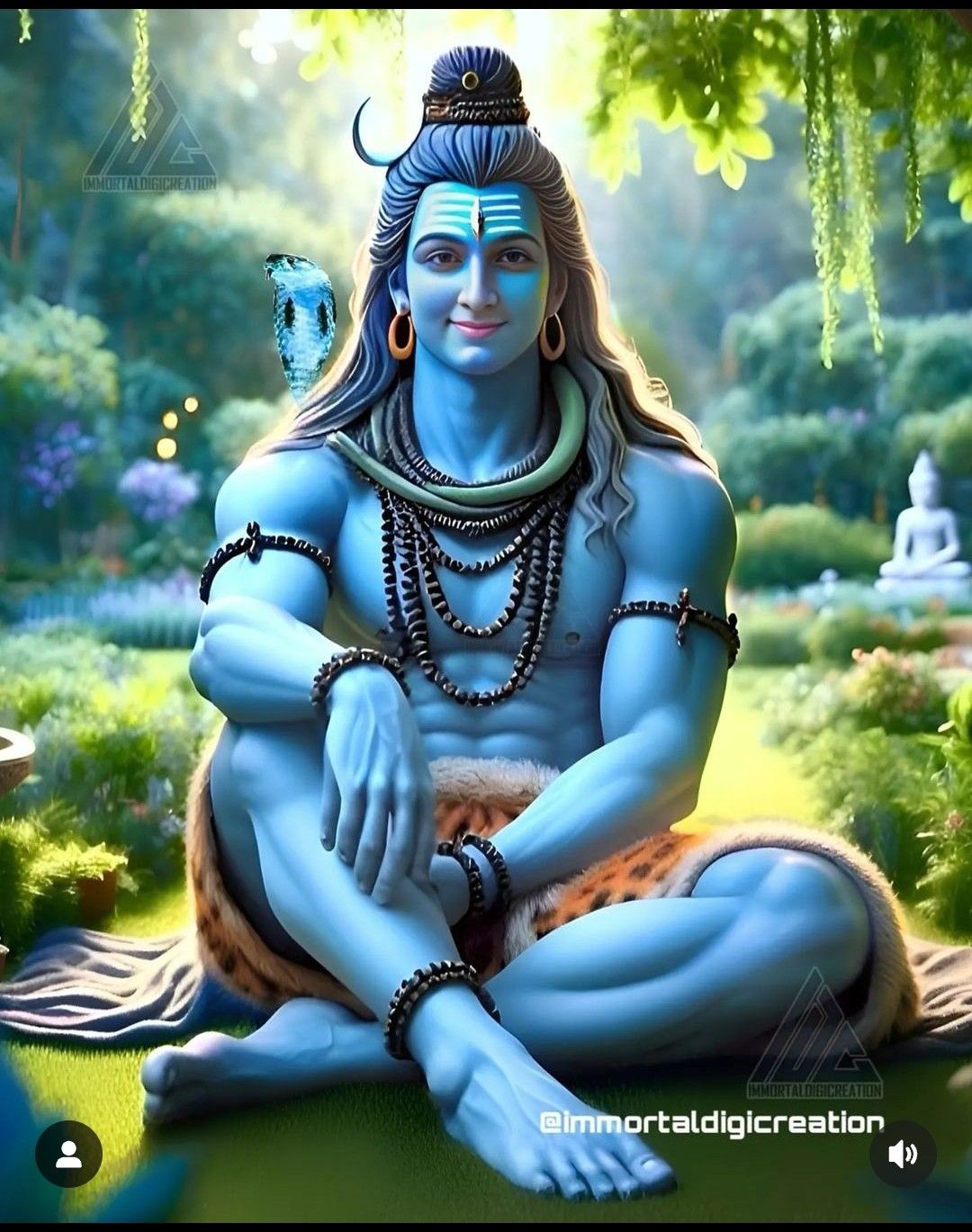 Blue-skinned Shiva meditating in nature.