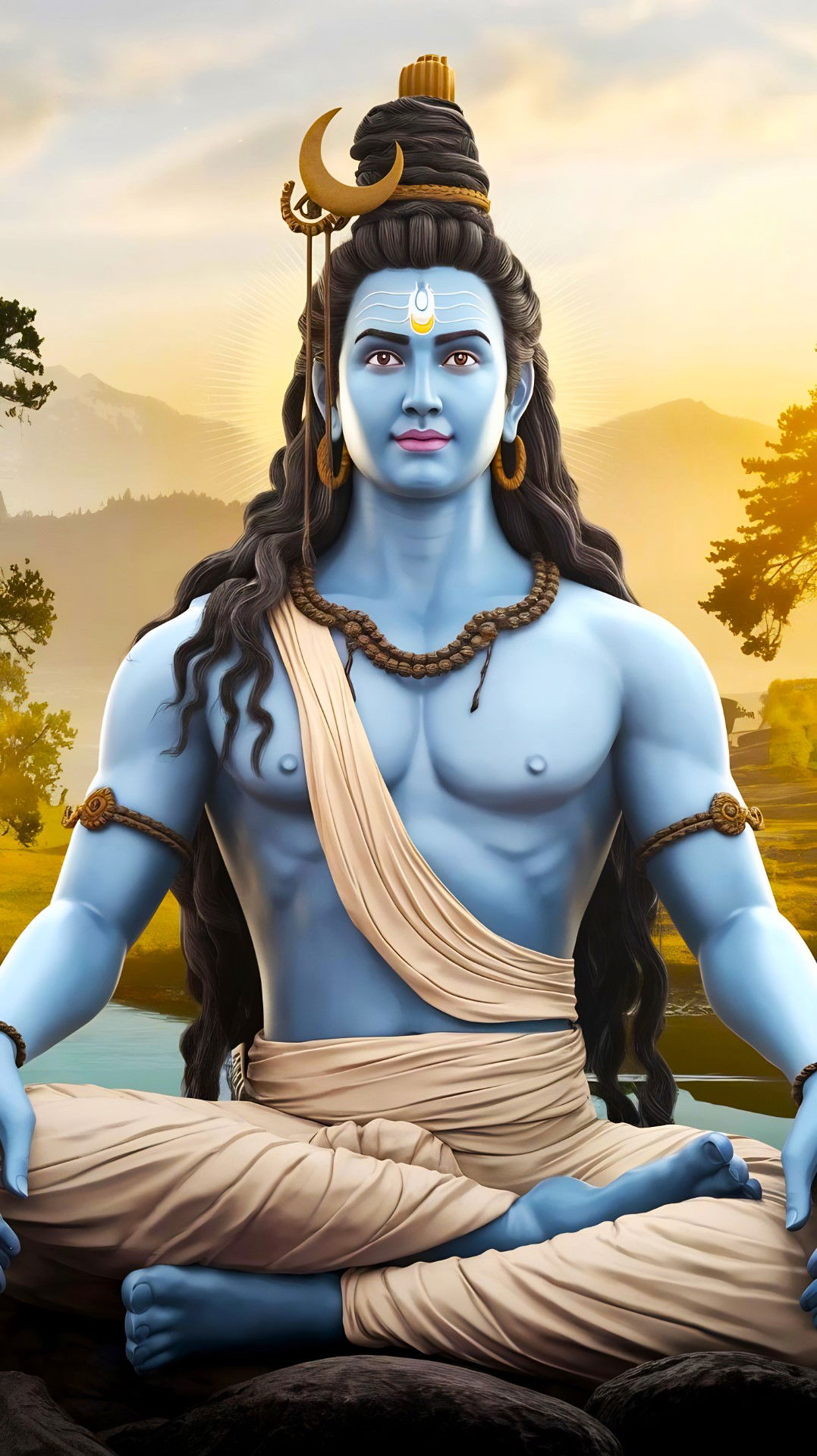 Blue-skinned Shiva meditating in mountains