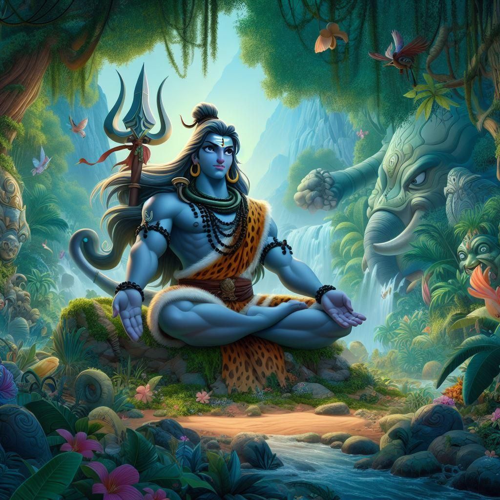 Shiva meditating in lush forest setting