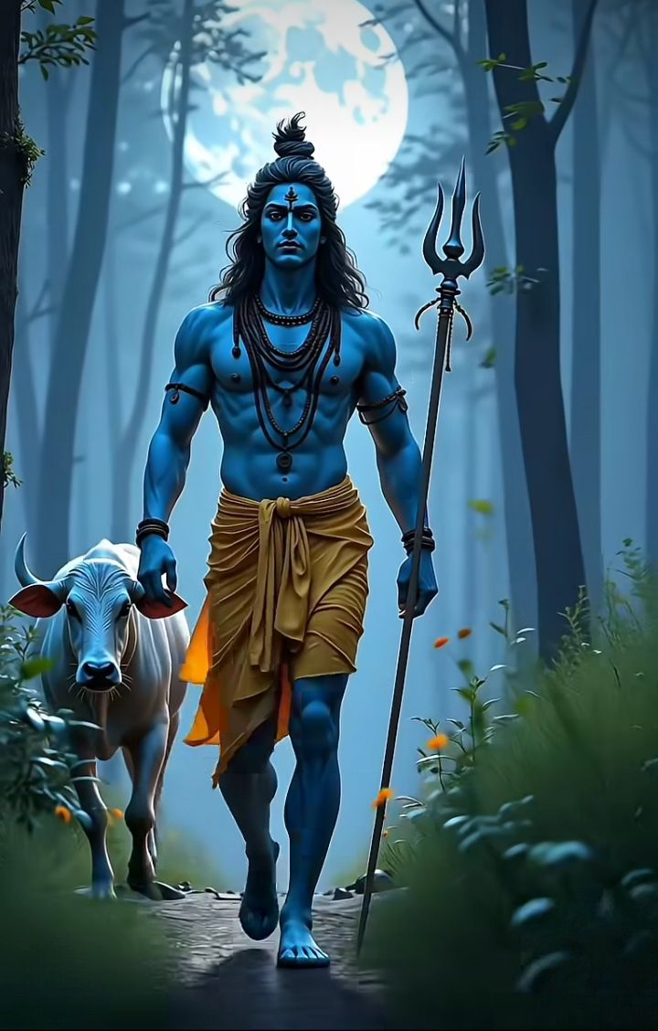 Shiva walking through a mystical forest.