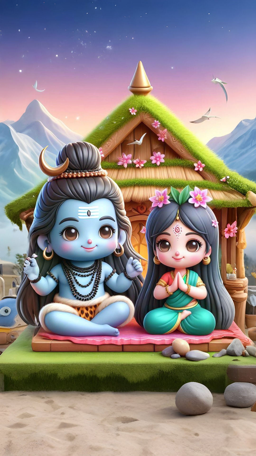Cute Shiva Parvati cartoon wallpaper.