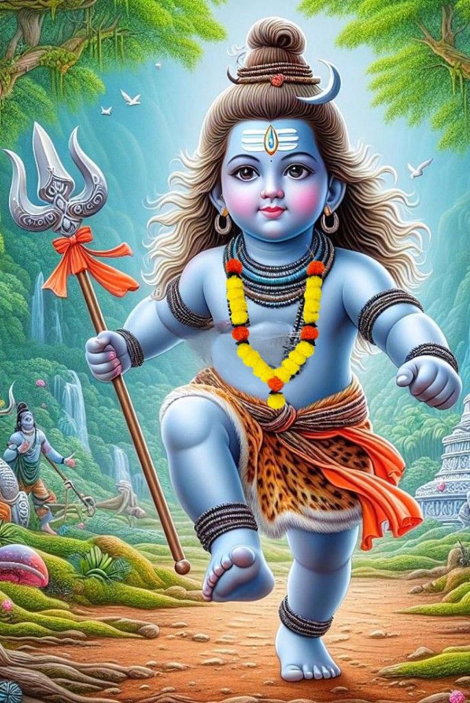 Young Shiva walking through a forest.