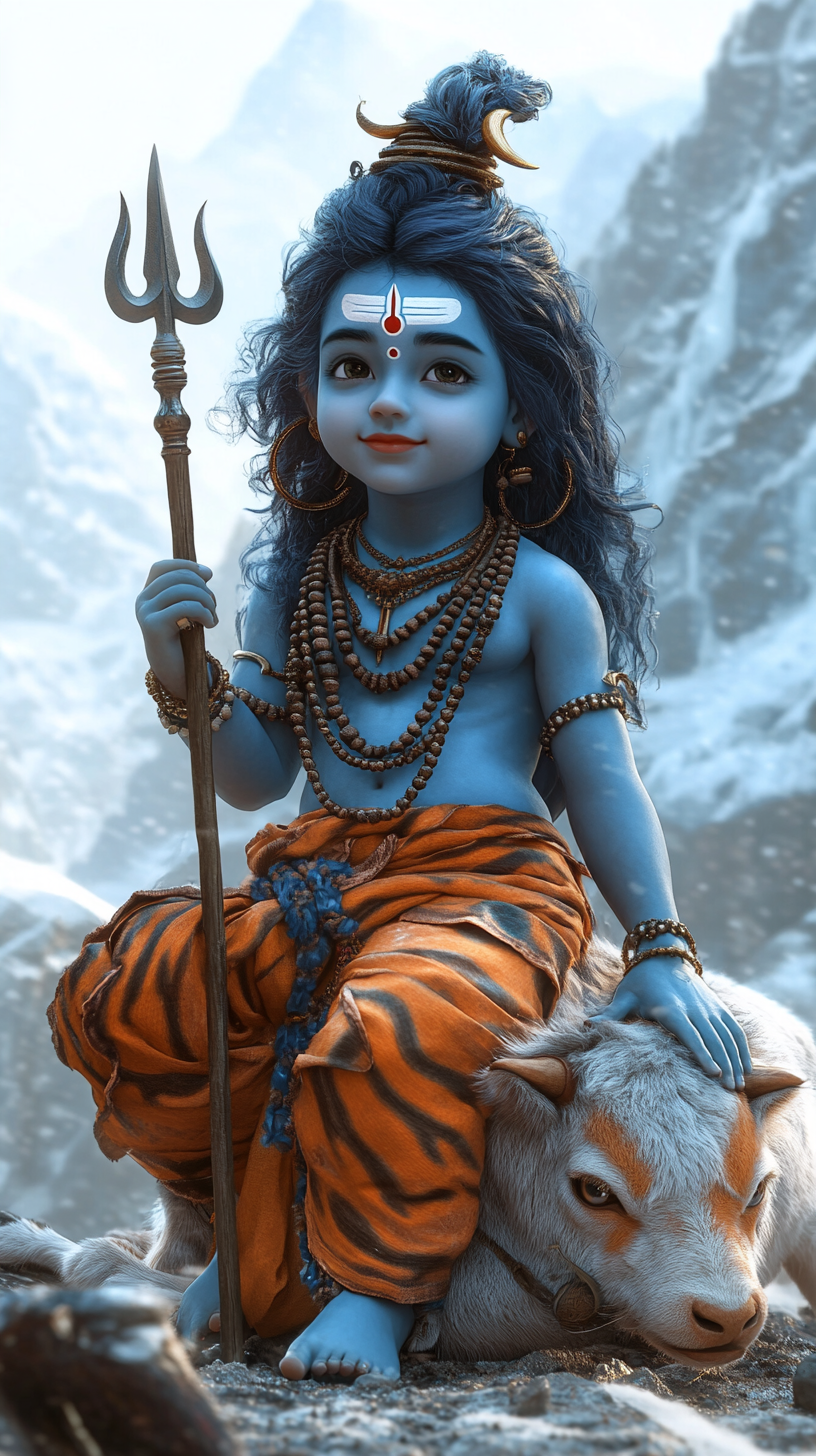 Baby Shiva with Nandi bull, mountains
