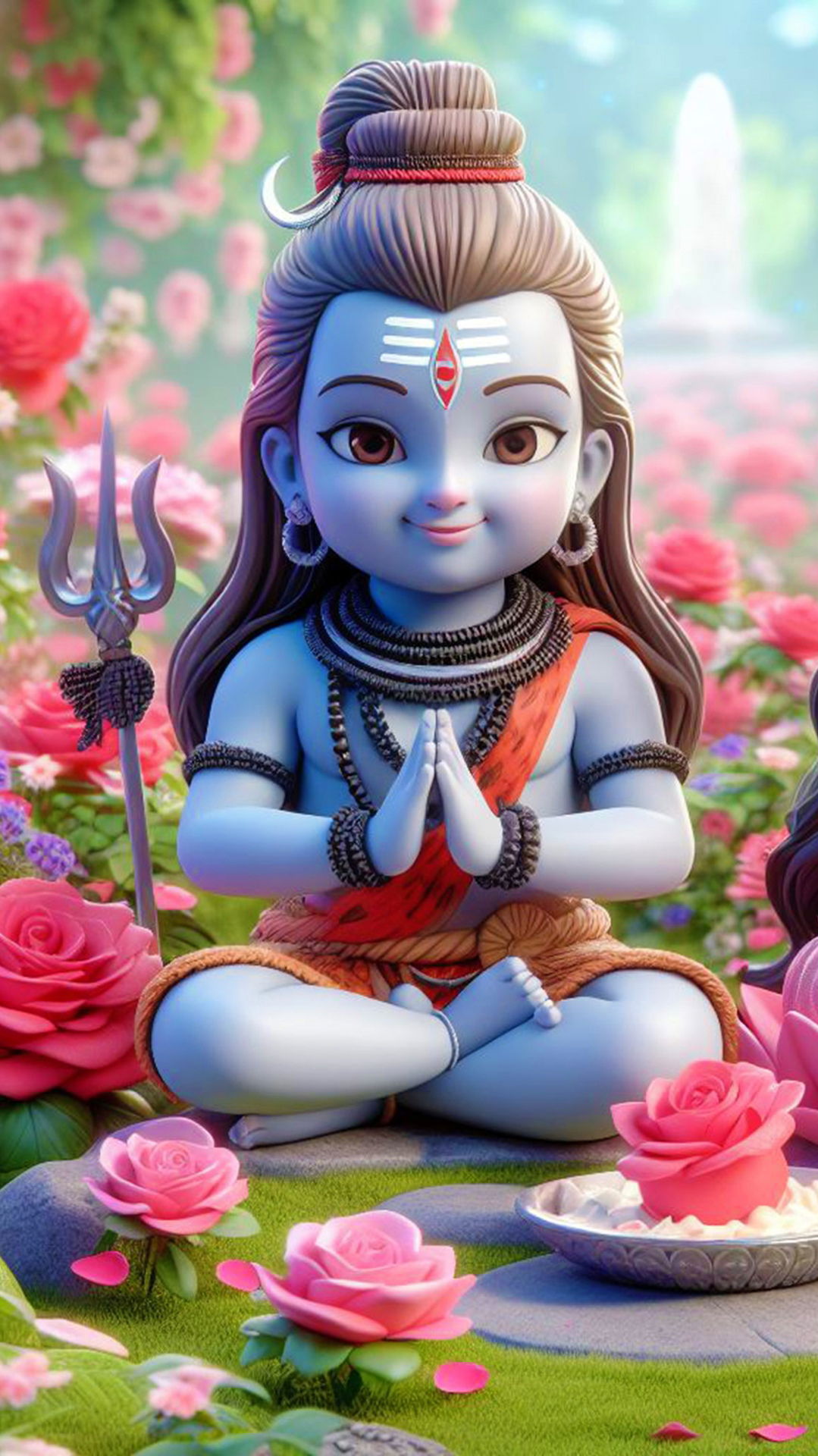 Baby Shiva meditating amongst roses