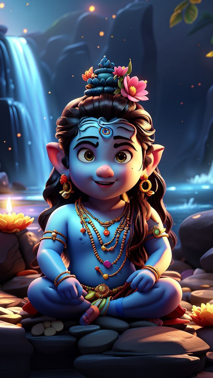 Adorable baby Shiva sitting by waterfall