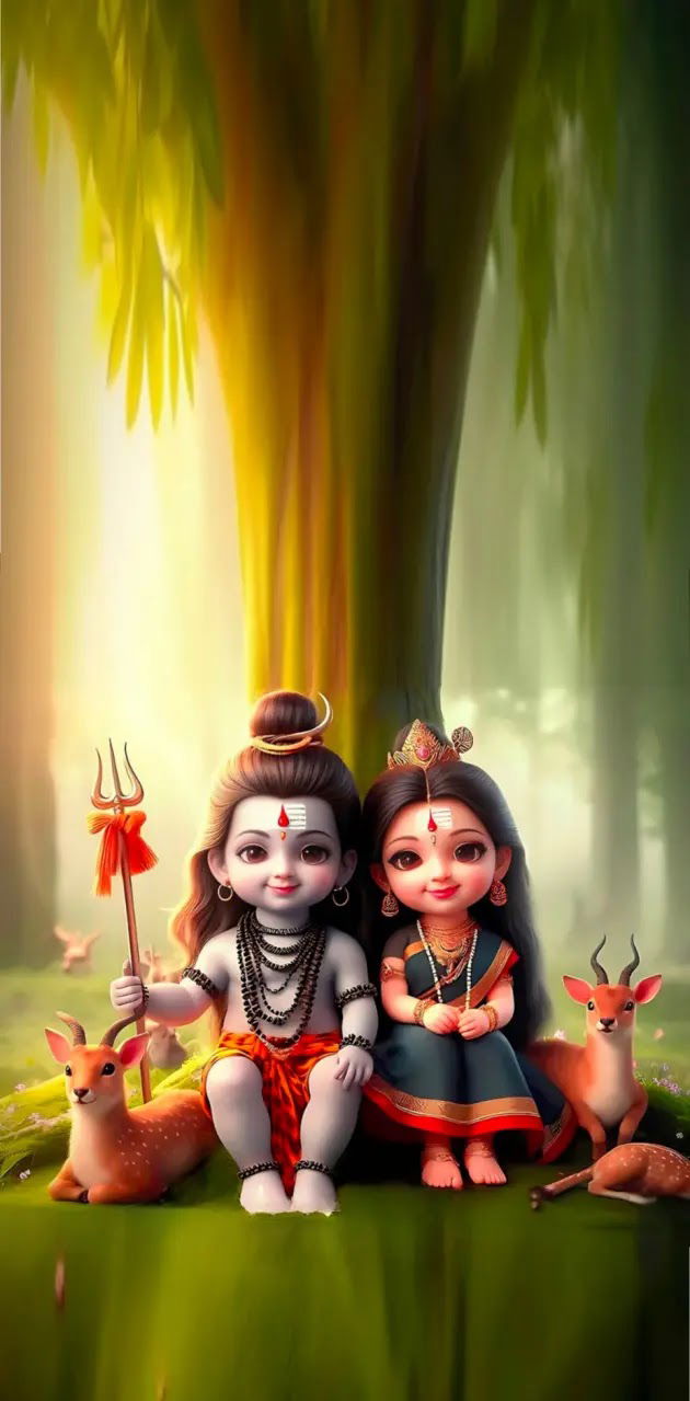 Baby Shiva and Parvati in a forest