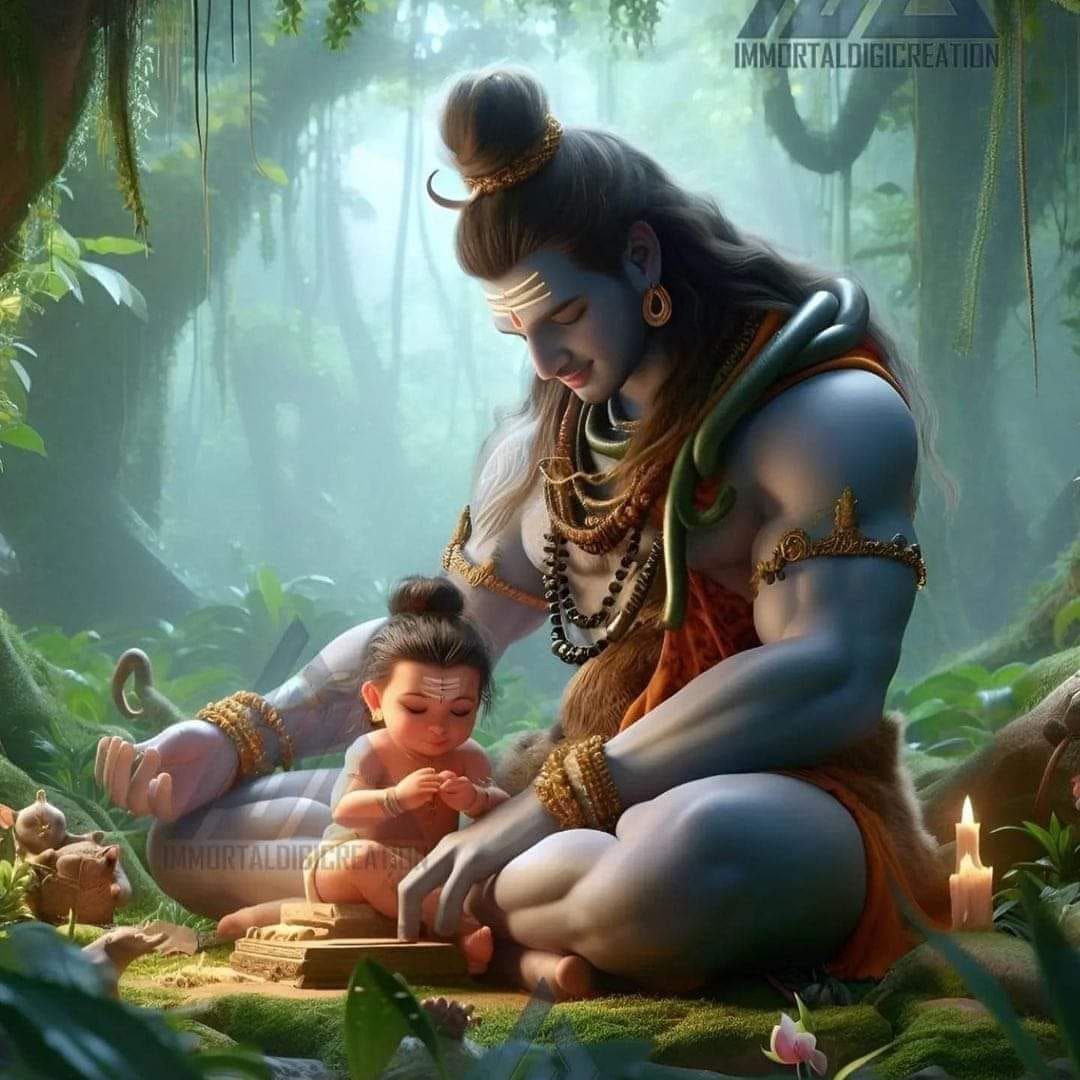Shiva cradling baby Ganesha in forest.