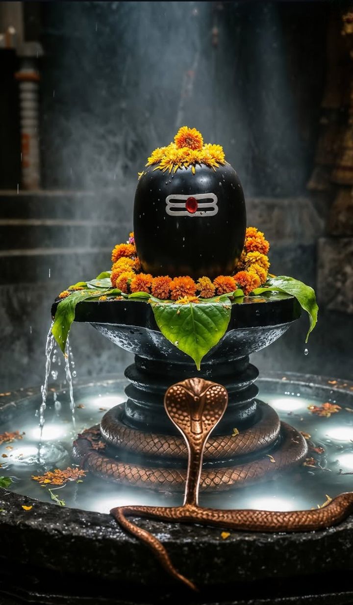 Shiva Linga with flowing water and flowers.