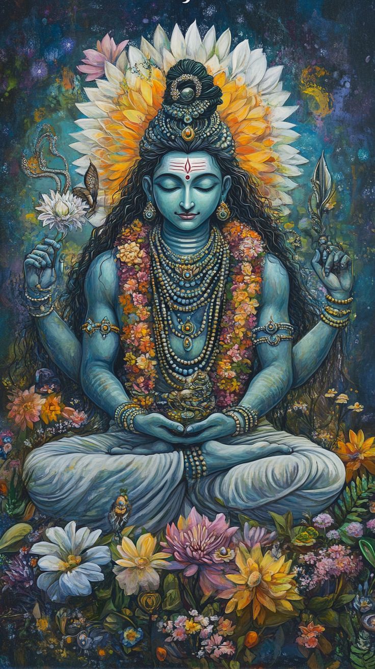 Meditating Shiva surrounded by lotus flowers