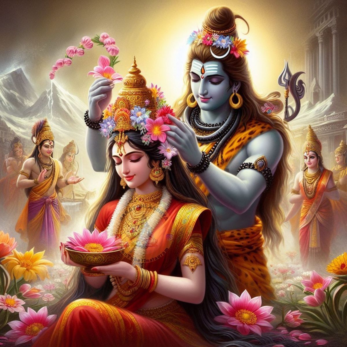 Shiva and Parvati amidst flower petals