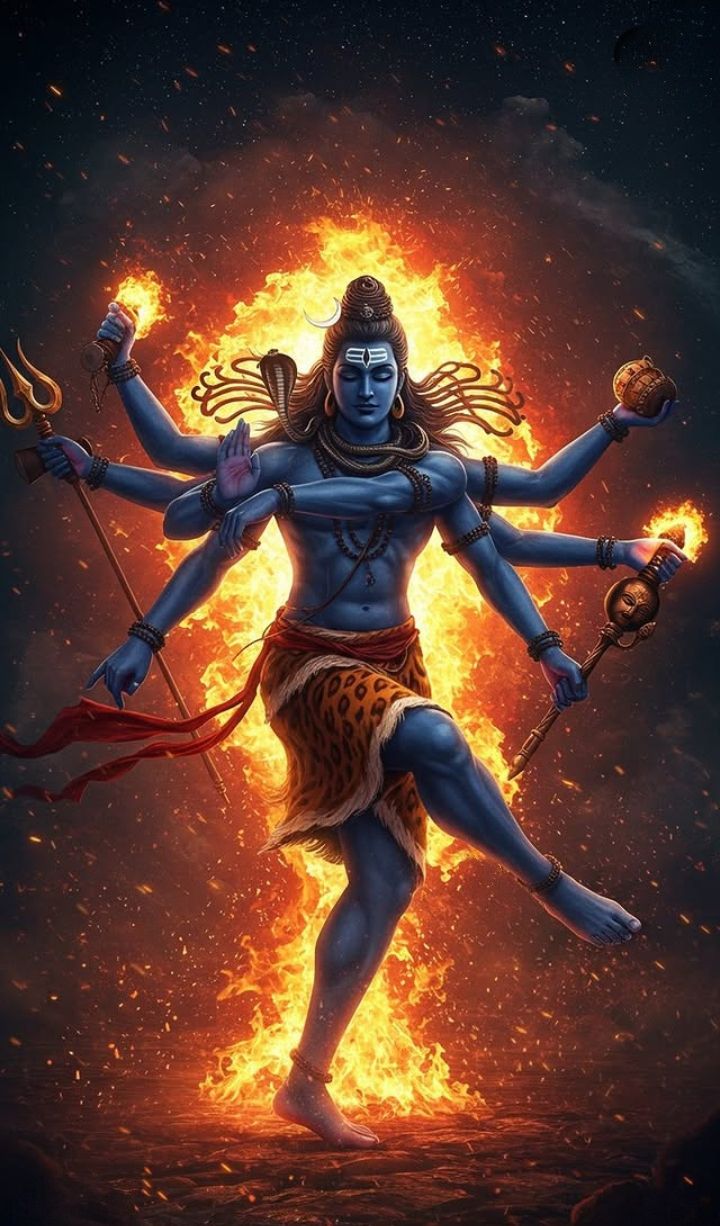 Lord shiva dancing with fiery aura.