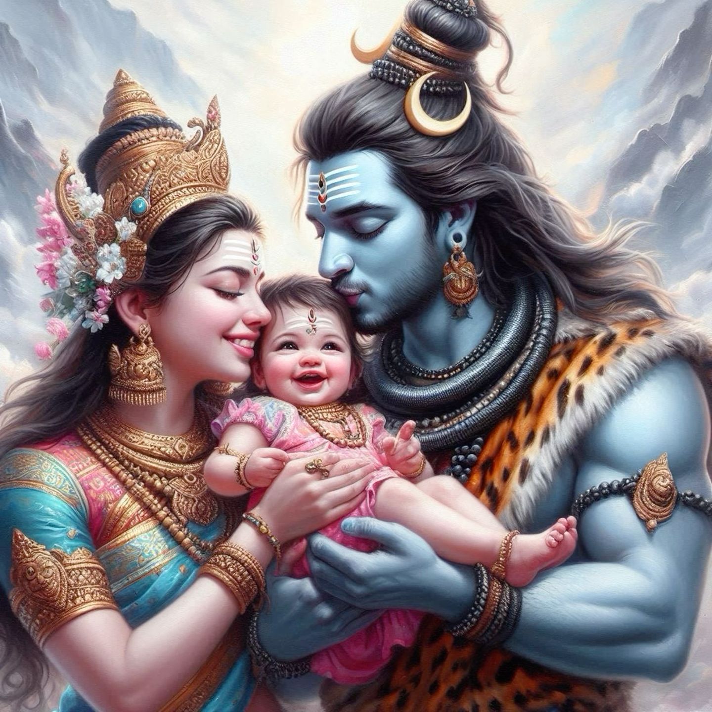 Shiva Parvati with baby Ganesha portrait.
