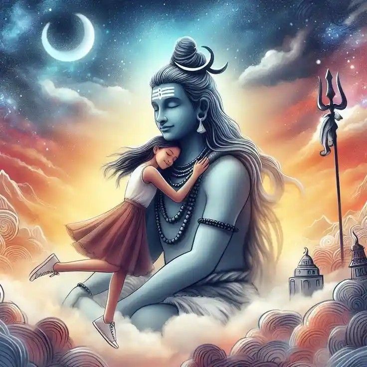 Shiva and Parvati embracing in Himalayas