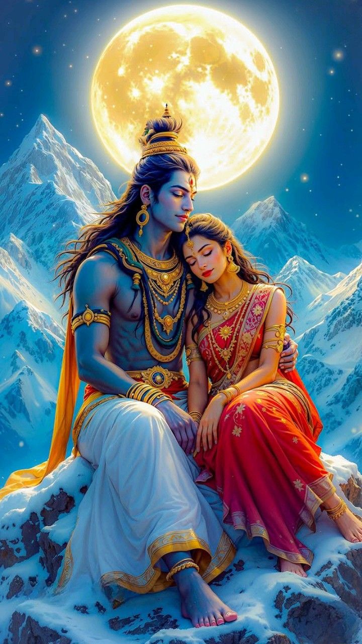 Shiva and Parvati amidst snowy mountains