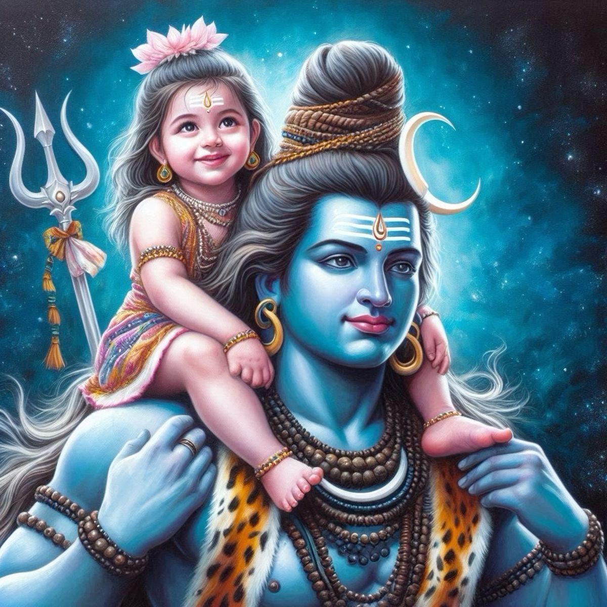 Shiva with a child in cosmic setting