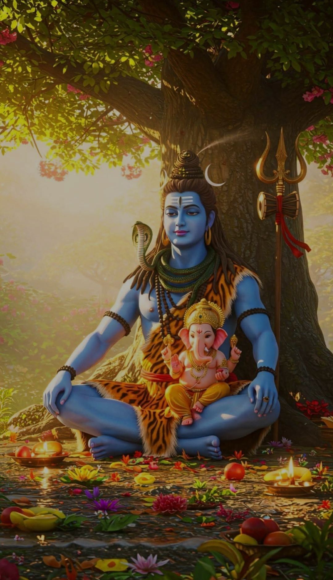 Shiva and Ganesha meditating beneath a tree