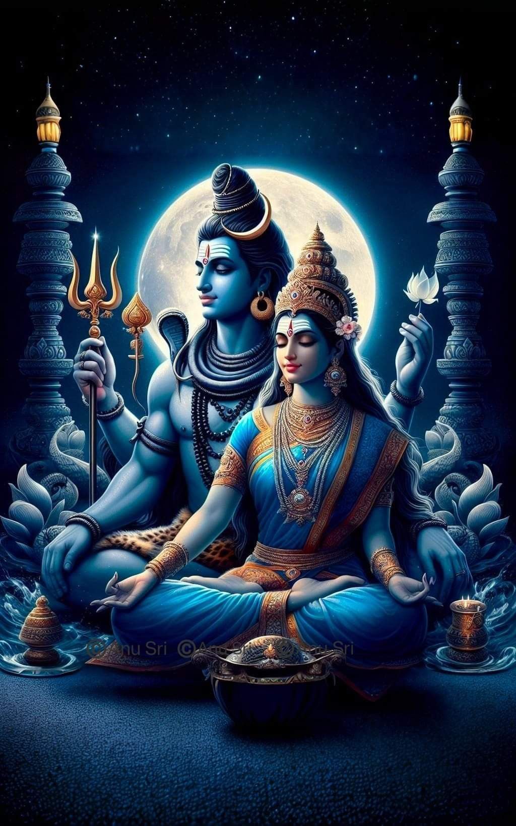 Shiva and Parvati meditating under the moon
