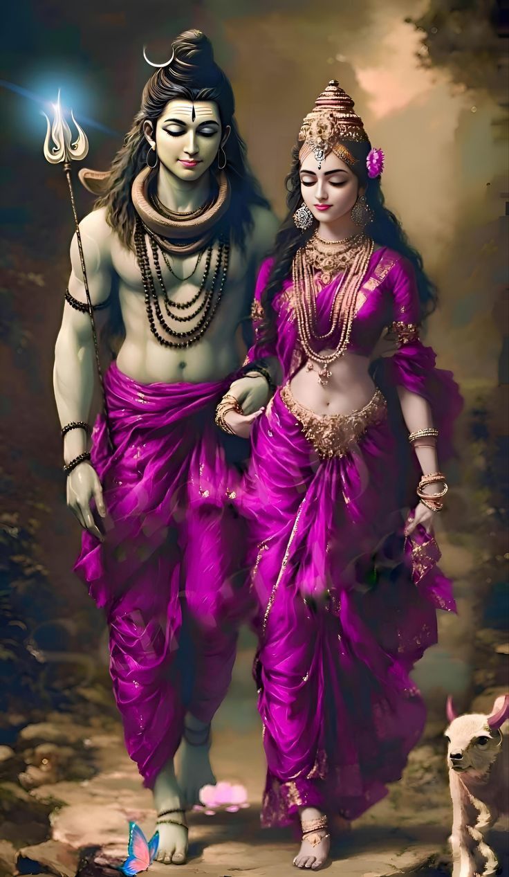 Shiva and Parvati walking in a garden
